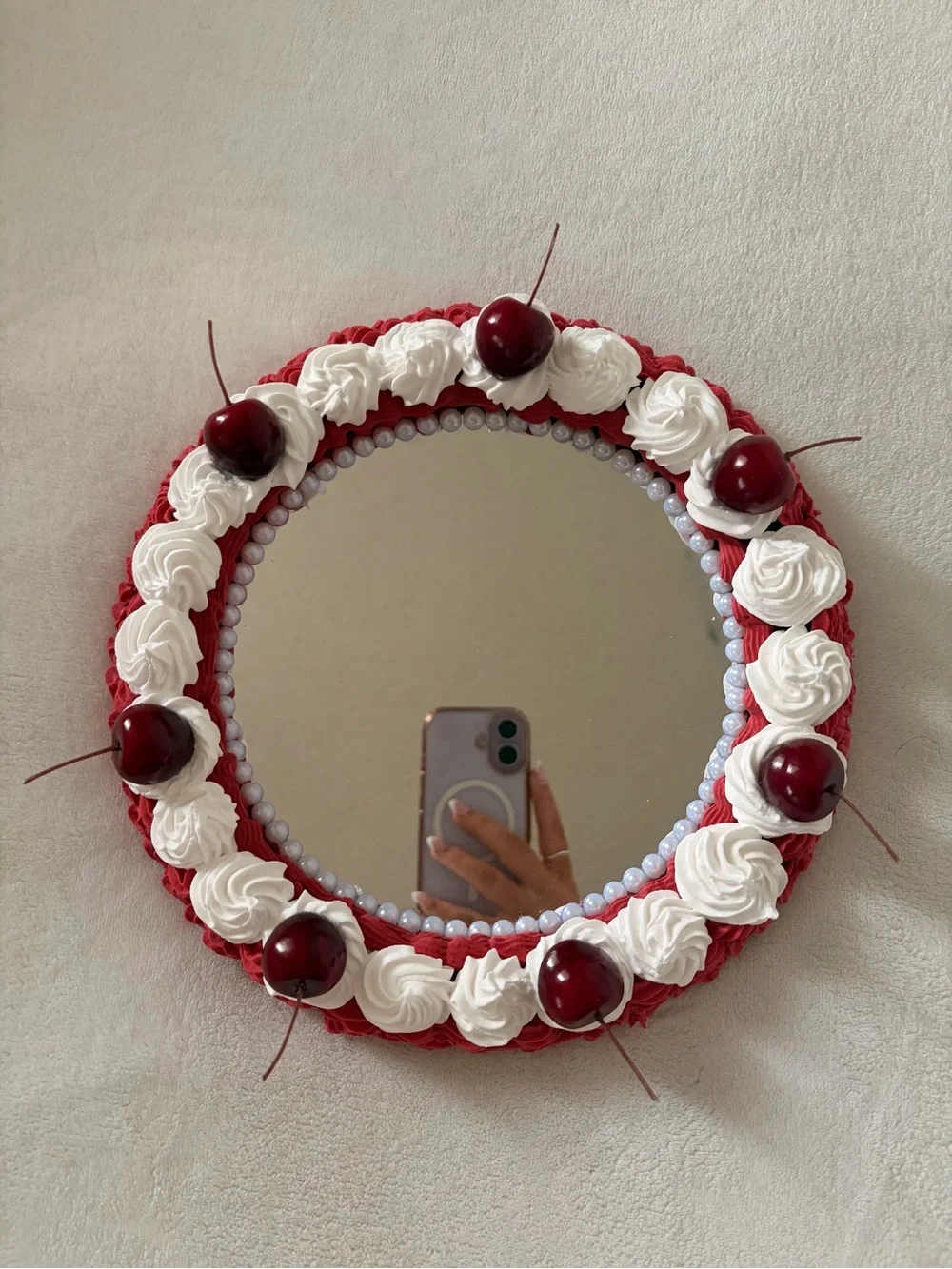 Red & White Decorative Cherry Round Wall Mirror - Unbranded